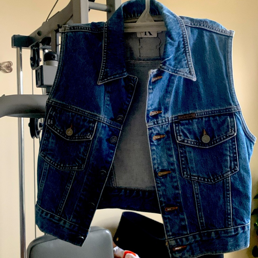 Medium Calvin Klein, blue jean vest with Harley Davidson patch on back